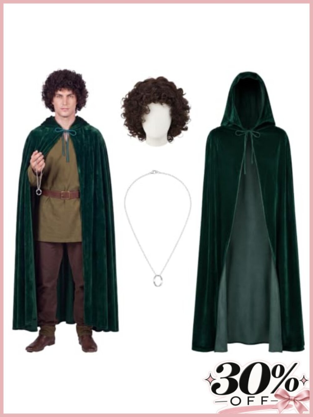 Men's 3 Pc Medieval Halloween Costume Velvet Hooded Cape Wig Ring Set